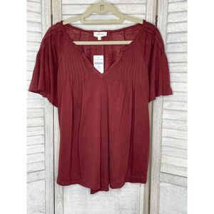 Bohme Pintuck Raw Hem Top With Flutter Sleeves Wine Burgundy Size Small NEW